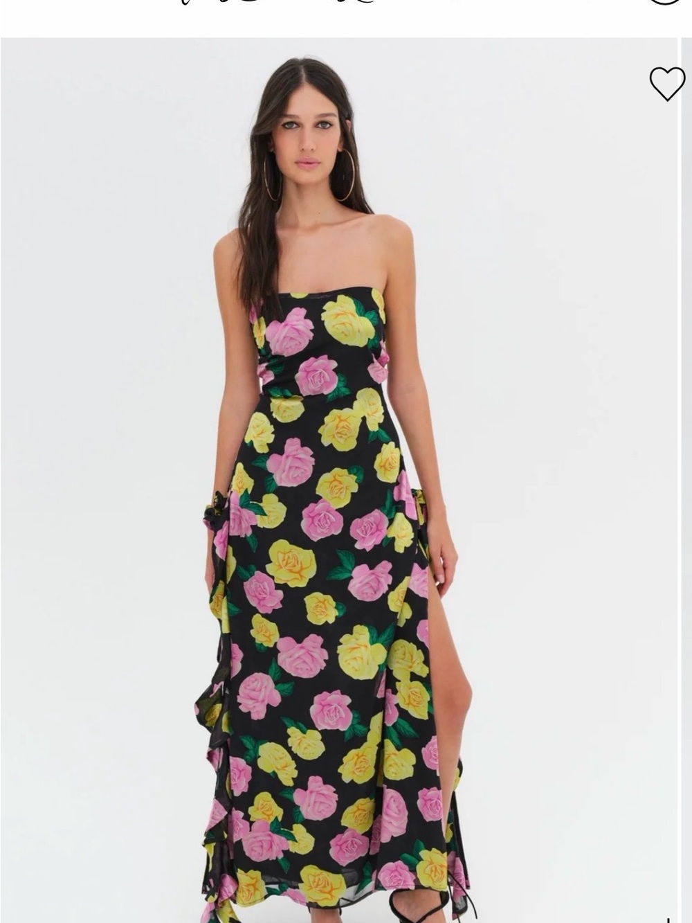 For Love & Lemons Black Strapless Maxi Dress with Pink & Yellow Rose Print